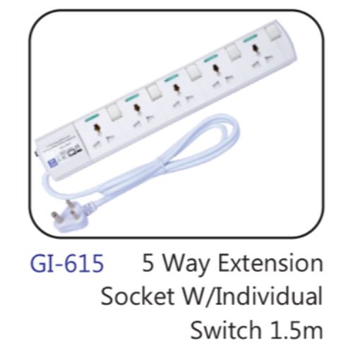 5 Way Extension Socket W/individual Switch 1.5m