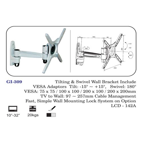 Tilting & Swivel Wall Bracket Include Vesa Adaptors 10" To 32"